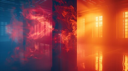 Canvas Print - 3d illustration of an abstract background with red and blue lights and windows