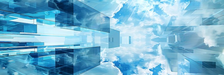 Modern wallpaper featuring a futuristic geometric structure with blue hues and cloud shapes, perfect for tech-related designs, science fiction themes, or computer backgrounds.
