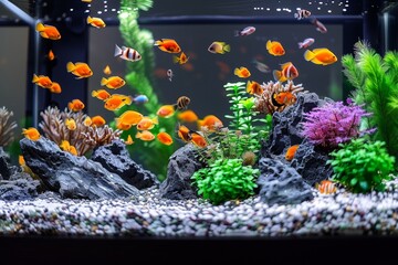 Fresh water aquarium tank with fishes and decorative plants 