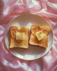 Poster - top view of a plate of two bread toast with butter on top ,  beautiful pink soft stretch table cloth