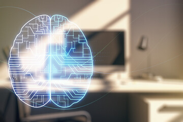 Wall Mural - Creative artificial Intelligence concept with human brain hologram and modern desktop with computer on background. Multiexposure