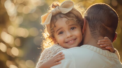 Poster -  Family playtime, cute daughter atop father's shoulder