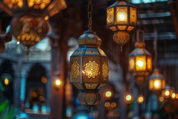 Canvas Print - Low angle view of traditional petromax lamps hanging from the ceiling of a room 