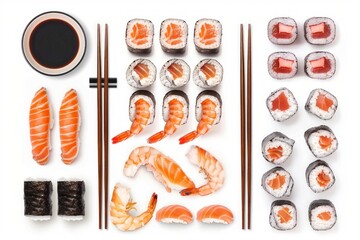 Wall Mural - Set of different sushi with salmon, tuna and shrimp, soy sauce and chopsticks over white background, top view. Traditional Japanese sushi concept, close-up, flat lay.