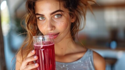 A young woman with freckles sips a vibrant red drink from a clear glass, enjoying a sunny day indoors, with a serene and relaxed expression on her face.