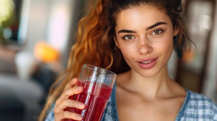 A young woman with freckles sips a red beverage from a clear glass, exuding a relaxed and serene vibe in a comfortable, casual setting, highlighted by natural light.