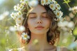© Denis - woman standing in a garden with cute chaplet of white flowers round her head