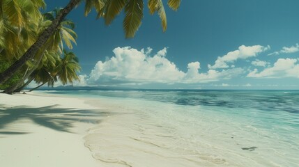 Wall Mural - A scenic view of a tropical beach featuring white sand, crystal-clear turquoise water, and swaying coconut palm trees under a clear blue sky with white clouds. Generative AI