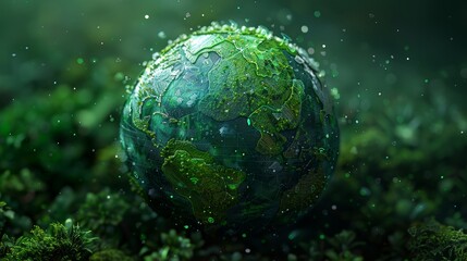 Wall Mural - A conceptual illustration of a digital globe covered in green interfaces, representing global connectivity and environmental awareness.