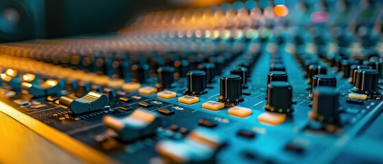 Closeup of a digital sound mixer in a modern, hightech recording environment with room for copy