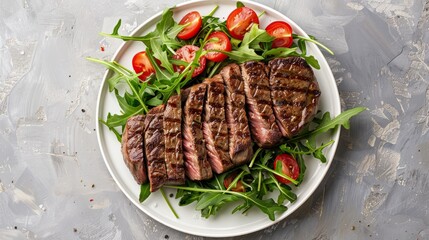 On a white background, there is a plate featuring a perfectly cooked picanha or top sirloin beef steak. The steak is medium-rare, with a juicy, seared crust that has a rich brown color