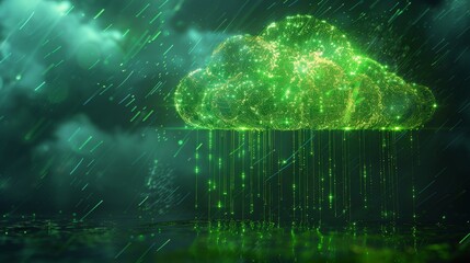 Wall Mural - A sleek illustration of a green cloud with digital rain, symbolizing green cloud computing and data storage solutions.