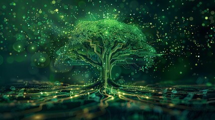 Wall Mural - An abstract illustration of a green circuit tree, symbolizing the growth of technology in harmony with nature.