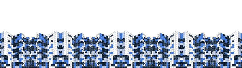 Abstract architecture background, seamless border, banner with modern contemporary buildings in blue and white monochrome color palette. Vector flat illustration isolated on transparent background.