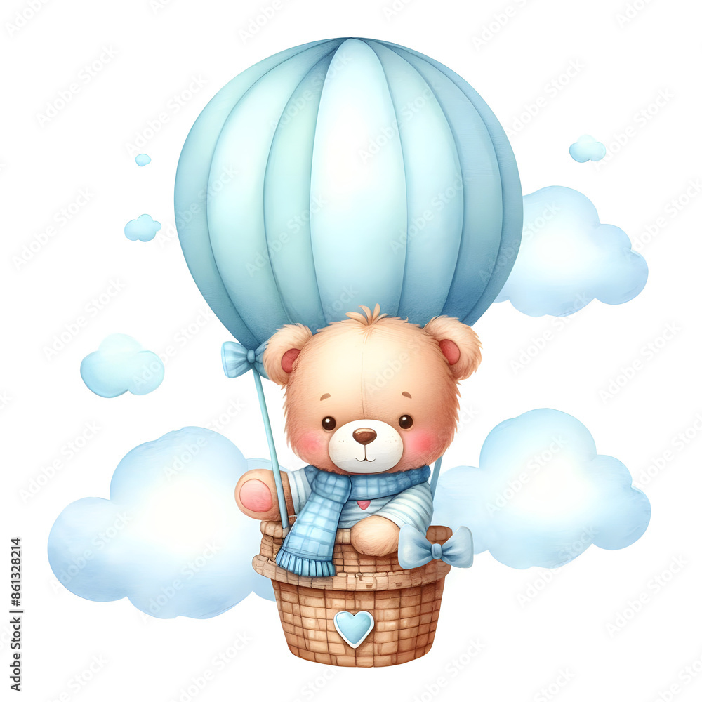 Isolated watercolor illustration of cute teddy bear in a hot air ...