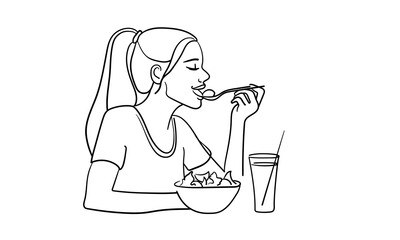 Poster - Girl eats food and enjoys continuous line art drawing isolated on white background. Vector illustration