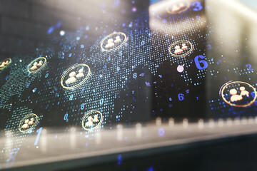 Wall Mural - double exposure of social network icons interface and world map on contemporary business center exte