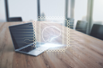 Wall Mural - Double exposure of creative human brain microcircuit with computer on background. Future technology and AI concept