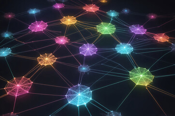 Wall Mural - Colorful abstract network of glowing polygons connected by lines on dark background