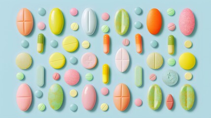 Colorful assorted pills and capsules on a blue background, creating a vibrant medical pattern