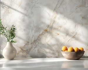 Wall Mural - Minimal Kitchen Counter Backdrop with Flowers and Fruit for Product Mockup and Copy Space