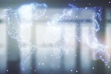 Wall Mural - multi exposure of abstract graphic world map on modern interior background, big data and networking 