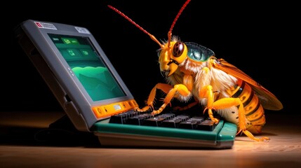 A whimsical depiction of a bug using a computer keyboard, representing the concept of computer bugs or technology issues creatively.