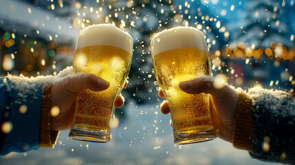 cheers, Clinking beer glasses, close-up shots of hands holding beer glasses and beer bubbles