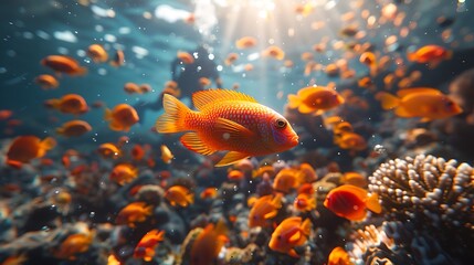 Wall Mural - A realistic photo of a scuba diver swimming alongside a school of colorful fish in a coral reef, with bright corals and crystal-clear water creating a breathtaking underwater scene.