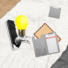 Wall Mural - The business hand shows a bright light bulb as a symbol of new ideas