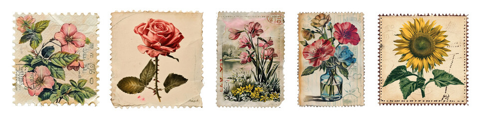 Vintage floral postage stamps png set