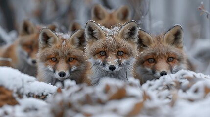Wall Mural - A realistic photo of a wildlife photographer in a hide, using a telephoto lens to capture images of a family of foxes.