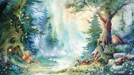 Mystical watercolor forest with a magical atmosphere. The sun's rays break through the dense foliage of the trees, creating a magical atmosphere.