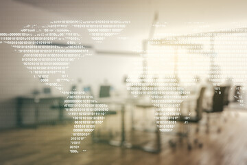 Wall Mural - multi exposure of abstract creative digital world map hologram on modern corporate office background