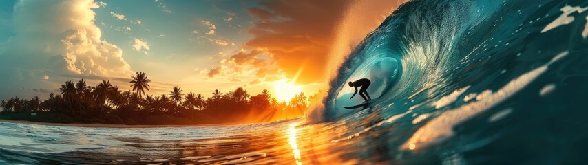 Surfer riding a massive wave at sunset with a tropical island in the background, capturing the thrill of surfing and beauty of nature.