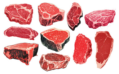 Canvas Print - Silkscreen illustration of meat beef png cut out element set