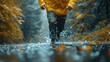 © Pinklife - A runner wearing a yellow jacket charges through a rain-soaked pathway with autumn leaves scattered around, capturing the essence of determination and vibrant autumn colors.