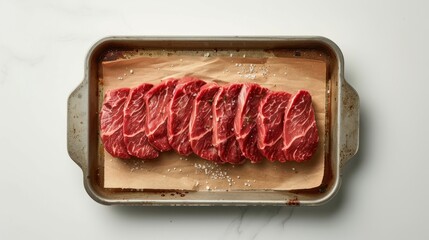 Wall Mural - Silverside beef sirloin steak sliced on a butcher s tray White background viewed from above 