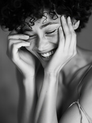 Wall Mural - Joyful Woman with Curly Hair Smiling in a Monochrome Portrait