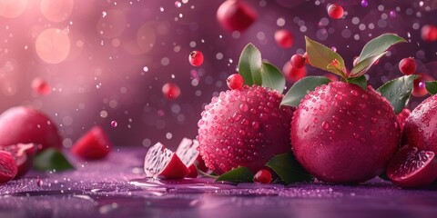 Pink Fruits with Water Droplets on a Purple Background