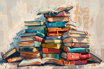 Illustration of a stack of books, with various colors and sizes. Education, School, knowledge, Study themes