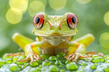 The frog is looking at the camera with its big, red eyes. It has a smooth, green skin and long, thin legs. The leaf is green and has a rough texture. There are some small water droplets on the leaf