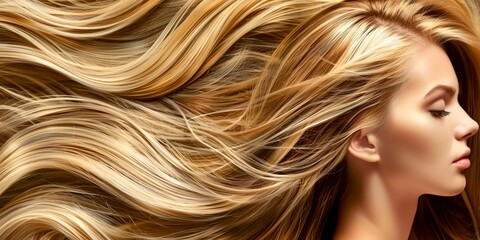 Wall Mural - A woman with long blonde hair is shown in a close up. The hair is long and flowing, and the woman's face is the main focus of the image. Scene is one of beauty and elegance