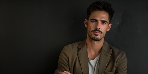 Wall Mural - A man in a brown jacket and white shirt is standing in front of a black wall. He has a beard and a mustache