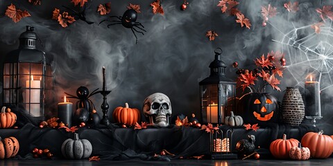 Wall Mural - A Halloween display with pumpkins, skulls, and candles. Scene is spooky and festive