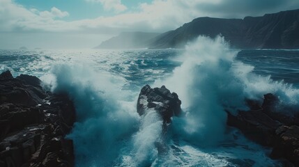 Wall Mural - Powerful ocean waves crash against picturesque rocks on a stormy day, creating a dramatic and adventurous scene. Generative AI