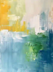 Wall Mural - Modern minimalist painting using a variety of brush strokes to create an abstract piece with green, yellow, white, and blue color