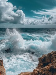 Wall Mural - Dramatic image of powerful ocean waves crashing against picturesque rocks. This scene is perfect for adventure tourism companies and surf schools. Generative AI