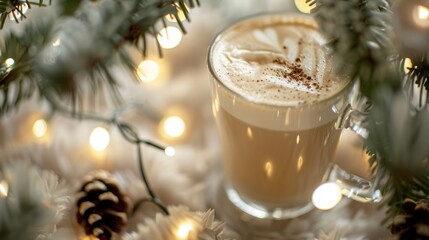 Wall Mural - A glass of coffee on Christmas tree background