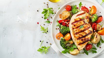 Wall Mural - Grilled Chicken Breast with Vegetables, Light Background, Banner with Copy Space - Raw Style Succulent grilled chicken